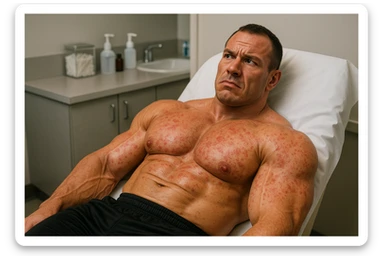 BODYBUILDER STESO SUL LETTINO DI UN MEDICO CON IRRITAZIONE CUTANEA, iperrealistico 4k sticker