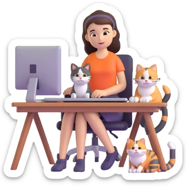 a girl at a desk with a computer with a cat lying beside the computer sticker