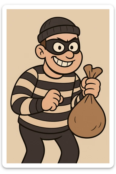 cartoon style robber wearing a mask and striped shirt, holding a sack, simple background sticker