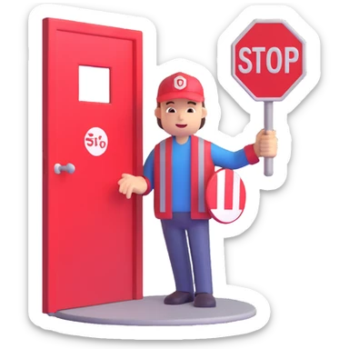 character holding a stop sign in front of a door, representing gatekeeping sticker