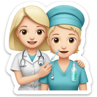 Create a cute, funny sticker-style story in a cartoon illustration.
Scene sequence shows a nervous patient getting an injection from a kind nurse.
 sticker