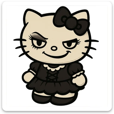 gothic Hello Kitty with a mischievous smile, gothic makeup, amusing expression sticker