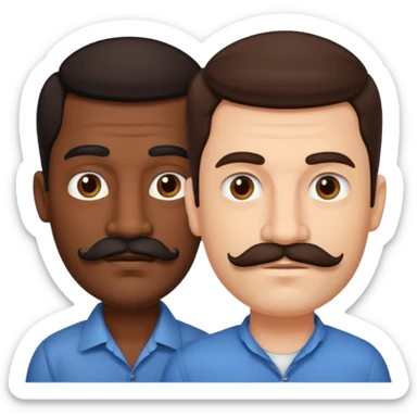 Gay couple. Tall dark indian man with mustache and shorter white man with dark brown hair and no mustache. sticker