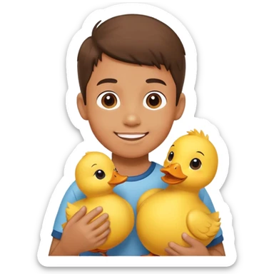 Yellow stuffed animal duck being held by a happy boy sticker