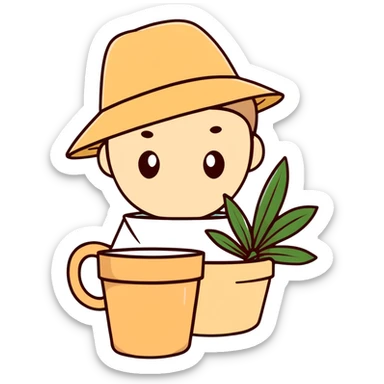 beige aesthetic coffee cup, journal, plant pot, and straw hat sticker