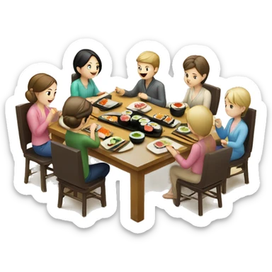 Caucasian family of 8 members eating sushi at kitchen  sticker
