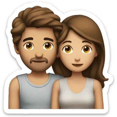 A couple that is kissing, both brown hair and with a heart in the middle sticker