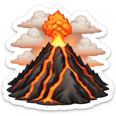 Cinematic Realistic Volcano Emoji, Powerful and awe-inspiring, with molten lava flowing from its jagged, smoking peak, casting an orange glow in the surrounding darkness. The landscape around it is barren and rocky, with clouds of ash rising into the sky. Soft glowing outline, capturing the essence of raw power and fiery energy in a towering volcano. sticker