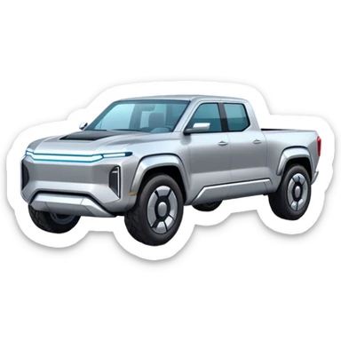 A futuristic electric pickup truck emoji, silver chrome body, angular cyber design, smooth metallic panels, subtle reflections, minimalistic proportions, iOS emoji style, centered composition, clean white background, soft lighting sticker
