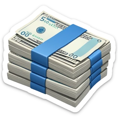 a massive bound stack of blue-and-white banknotes, koan bills , 90s futuristic, the band is dark gray sticker