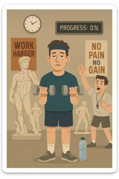Modern gym scene with a man in sporty clothing lifting light dumbbells with a bored expression. Background with sculpted athletes, trainer encouraging. Wall clock, full water bottle near the man, motivational posters ignored. Digital display showing 'progress: 0%'. Static atmosphere, vertical format. sticker