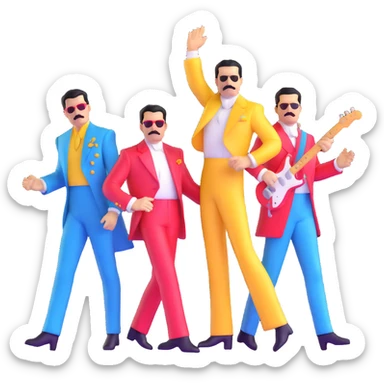 Freddie Mercury with Queen band members in colorful outfits sticker
