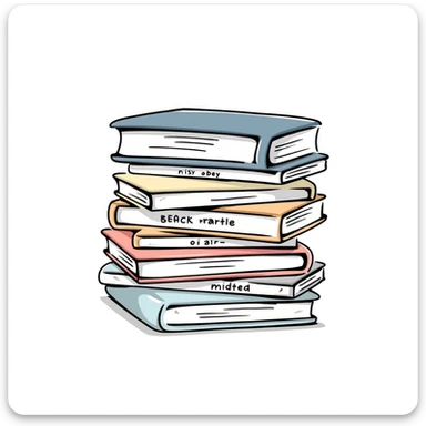 a stack of books with visible covers and spines, in pastel colors dd9fb0, ffc6d3, a3bfc9, c4bee2, f1b091, detailed hand-drawn doodle style sticker