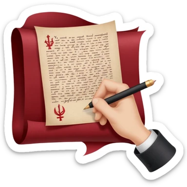 Minimalist emoji-style sticker of a pale hand signing a parchment contract titled “YOUR SOUL” in gothic font, muted red ink, grayscale background sticker