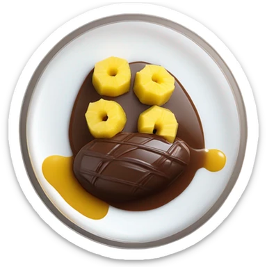 Chocolate and vanilla quenelle on glass plate with 3 drops of pineapple sauce sticker