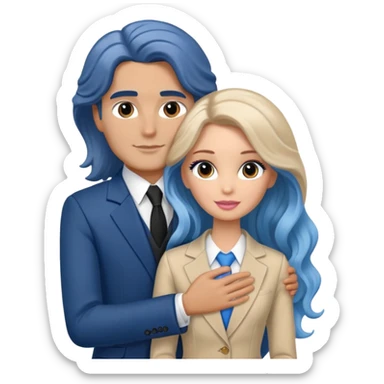 White Barbie girl Chestnut eyes blue long wavy hair In beige clothes, Hugs a man with brown hair, brown eyes and a black suit sticker