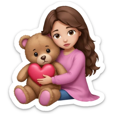 girl with long wavy brown hair, brown eyes, light to medium complexion, in a pink shirt, pink lips, long lashes, sad, hugging a teddy bear with a  heart sticker