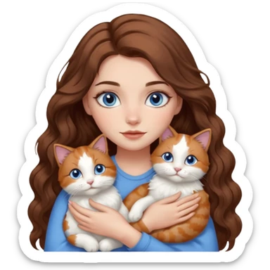 girl with long wavy brown hair, blue eyes, long lashes makeup, cuddling with 6 cute cats sticker