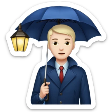 Man with umbrella + streetlight reflection, Midnight Wanderer. sticker