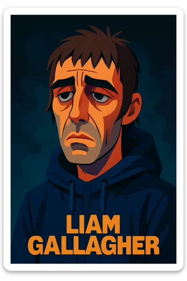 realistic cartoon style portrait of Liam Gallagher looking sad, moody lighting, expressive face sticker
