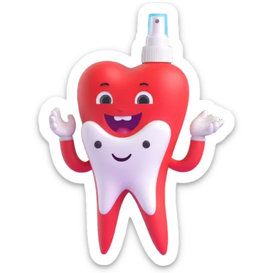 cartoon tooth character spraying mouth spray, looking refreshed and happy sticker