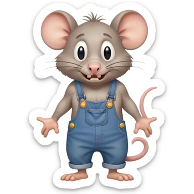  depressed disheveled dizzy cartoon hillbilly rat wearing overalls no shirt. standing and talking full body. human eyes. teeth showing talking. walking talking moving arms. angry expression sad sticker