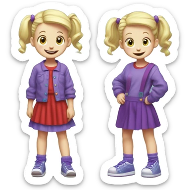 A little blonde girl with pigtails and little purple bows wearing a red long-sleeved shirt and purple overalls skirt with blue tights with green polka dots and purple sneakers, full body, rugrats sticker