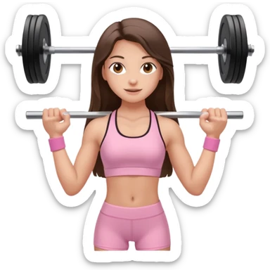 white happy brunette teen long hair with hazel eyes in light pink workout clothes holding a barbell  sticker