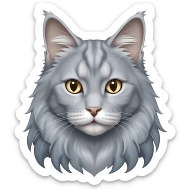 Cinematic Solid Grey Maine Coon Cat Portrait Emoji, Elegant and alert, sleek grey and silver tones with soft undercurrents of blue, Simplified yet sharp features, highly detailed, glowing with a calm, wise glow, high shine, intelligent and poised with a long, wise face that speaks of experience, stylized with an air of grace, focused and attentive, soft glowing outline, capturing the essence of strength and wisdom, so lifelike it feels as though it could spring into motion at any moment, exuding a sense of majestic age and quiet dignity. sticker