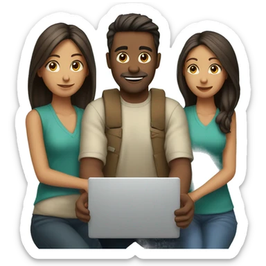 2 girl and 3 man each of them holding laptop and sit together  sticker