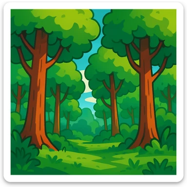 lush green forest with tall trees, vibrant cartoon style sticker