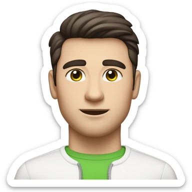 Man with short, dark brown hair with a minimal quiff and green eyes. Have friendly expression, be dressed in a white elegant shirt, and be shown with AirPods and MacBook sticker