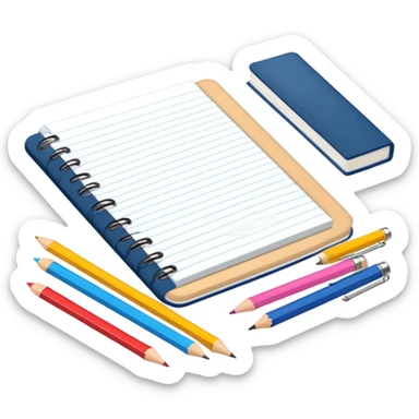 School stationery set with pencils, notebooks, ruler, and eraser sticker