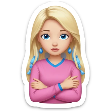 A girl with blue eyes, full lips and blonde long hair in a pink blouse shows no with her hands, crossing them sticker