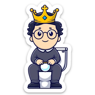 King Charles III with crown sitting on a toilet, wearing round glasses and black hair sticker