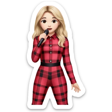 Sabrina carpenter singing at concert wearing a black and red plaid bodysuit with huge crowd and light pink stage setting  sticker
