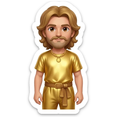 King Midas from Greek Mythology with brown eyes, golden brown hair, gold metallic shirt, gold metallic baggy pants, gold necklace sticker