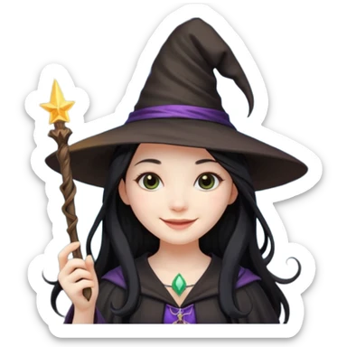 a girl with black long hair, witch hat and a magic wand in her hand sticker