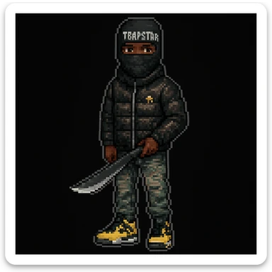 Black person with English appearance wearing a Trapstar balaclava, holding a black machete knife with a light gray blade, wearing a black glossy Moncler puffer jacket, and yellow-black Nike Air Jordan 4 Retro GS sneakers, pixel art style sticker