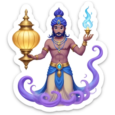 mystical fantasy illustration of a powerful jinn emerging from an ancient golden lamp. Glowing blue and purple smoke spirals upward in a smooth circular motion, creating the illusion of a looping animation.  sticker