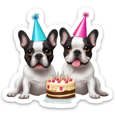 two french bulldogs birthday hats and cake sticker