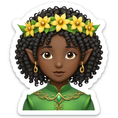 tiny Elf with Flower Crown, curley hair, black sticker