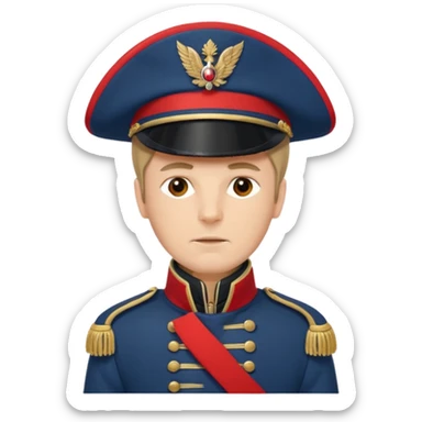 French soldier, Napoleonic era, blue coat, red epaulettes, tall hat sticker