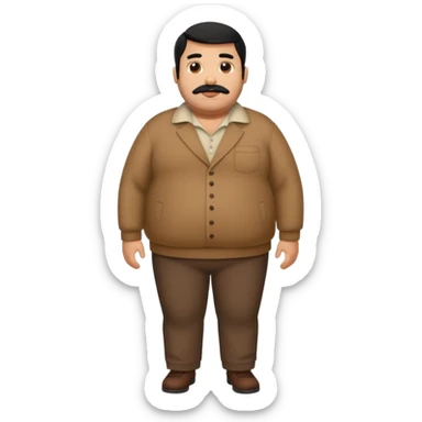 Fat brown man. Clothed. Full body. Black hair. Small beard and mustache. Black hair sticker