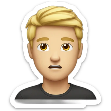 loss stricken light haired angry young man in dark t-shirt with clenched fists over his head sticker