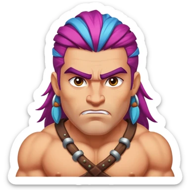 a barbarian with big eyebrows and colourful hair, powefull and strong, in full size sticker