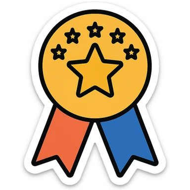 vector icon of a top review with gold and colorful elements, elegant and minimalist flat design, isolated on white background, award badge style, 2D flat vector, trending icon look, soft shadows, no text, perfect for commercial use, icon style, variation 3 sticker