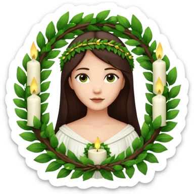  saint lucia with dark brown hair with a white gown and a wreath made from greenery with candles on top of the wreath sticker