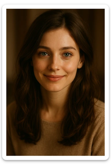 a charming brunette girl with blue eyes, soft smile, kind and gentle appearance sticker