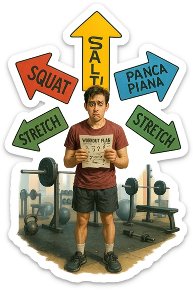 a person stands in the center of a gym, surrounded by arrows pointing in all directions, each labeled with a different exercise (e.g., “squat,” “Salti,” “stretch,” “Panca Piana”). The person looks bewildered, holding a workout plan with scribbles and question marks. The scene is colorful but visually messy, symbolizing confusion. in italiano immagine iperrealistica sticker